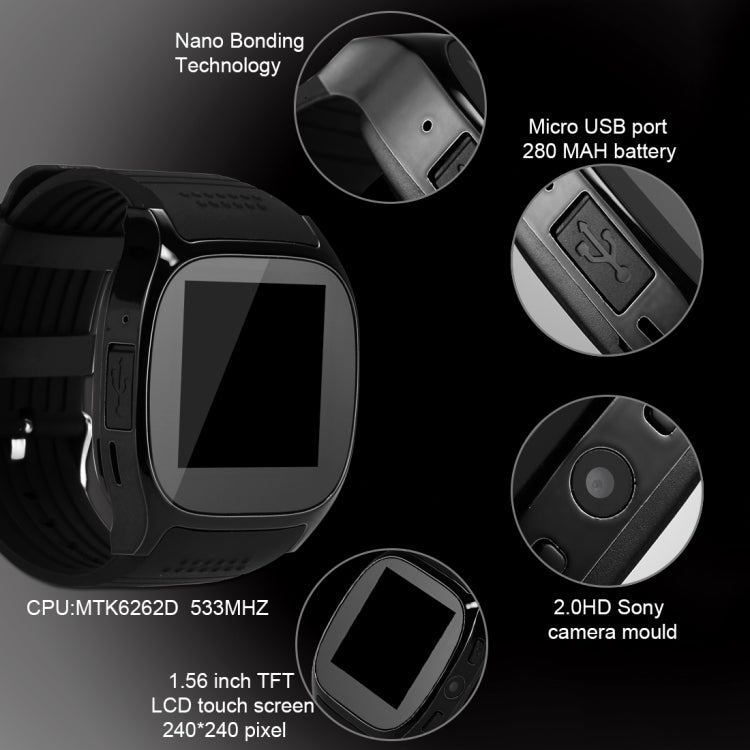 T8 Smart Watch Phone, 1.54 inch IPS Screen 6261D/260MHz, 0.3MP Camera, Support GSM & Dial & Pedometer & Anti-lost & Sleep Monitor & Remote Camera & FM Radio(Black)