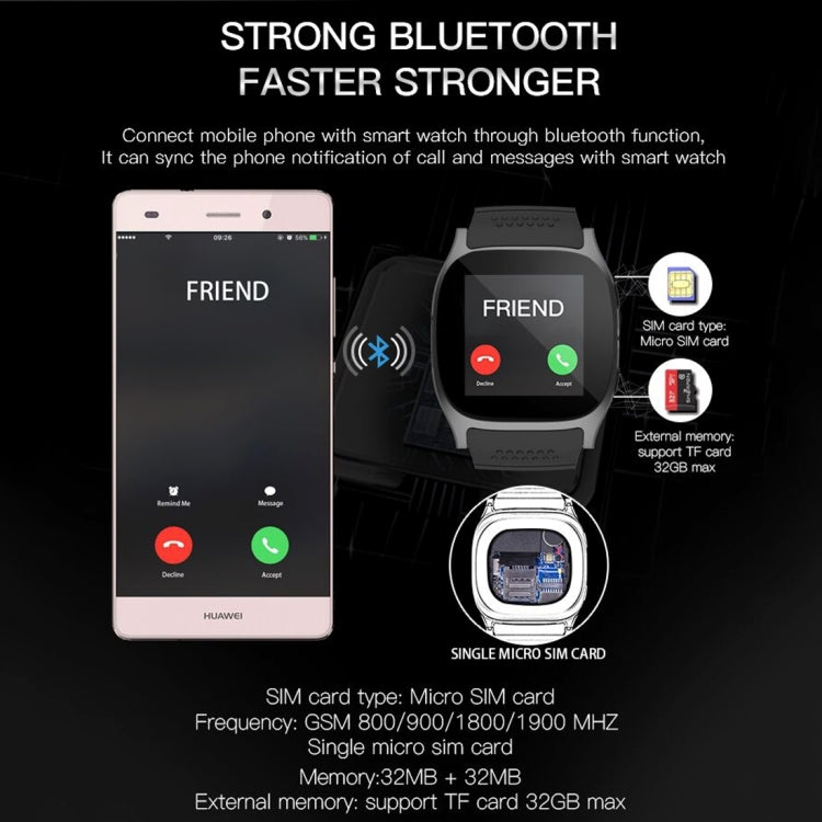 T8 Smart Watch Phone, 1.54 inch IPS Screen 6261D/260MHz, 0.3MP Camera, Support GSM & Dial & Pedometer & Anti-lost & Sleep Monitor & Remote Camera & FM Radio(Black)
