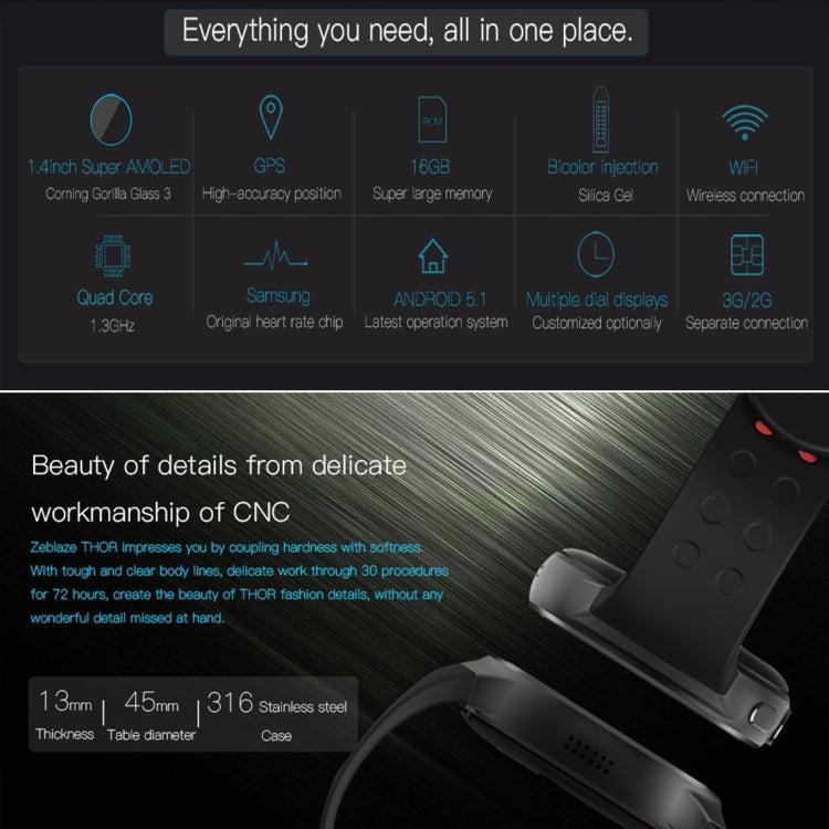 Zeblaze THOR Smart Watch Phone, 1GB+16GB, 1.4inch Super AMOLED Android 5.1, MTK6580 1.3GHz,Quad Core,3G /2G Network, Support Heart Rate Monitor / Pedometer / Bluetooth V4.0 / WiFi / GPS, with Silicone Strap(Black)