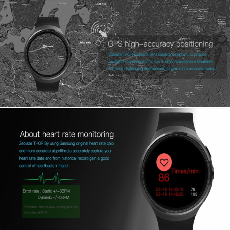 Zeblaze THOR Smart Watch Phone, 1GB+16GB, 1.4inch Super AMOLED Android 5.1, MTK6580 1.3GHz,Quad Core,3G /2G Network, Support Heart Rate Monitor / Pedometer / Bluetooth V4.0 / WiFi / GPS, with Silicone Strap(Black)
