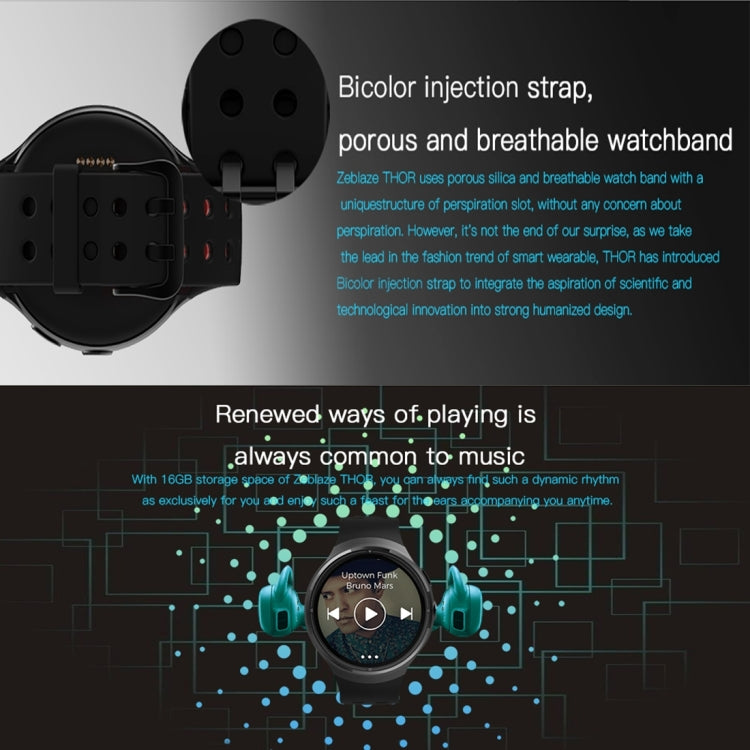 Zeblaze THOR Smart Watch Phone, 1GB+16GB, 1.4inch Super AMOLED Android 5.1, MTK6580 1.3GHz,Quad Core,3G /2G Network, Support Heart Rate Monitor / Pedometer / Bluetooth V4.0 / WiFi / GPS, with Silicone Strap(Black)