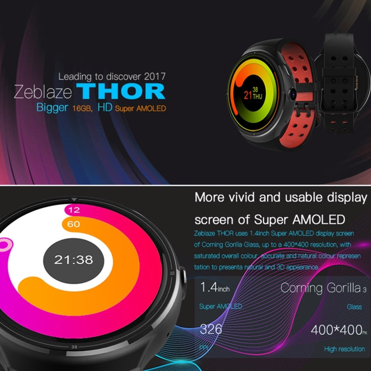 Zeblaze THOR Smart Watch Phone, 1GB+16GB, 1.4inch Super AMOLED Android 5.1, MTK6580 1.3GHz,Quad Core,3G /2G Network, Support Heart Rate Monitor / Pedometer / Bluetooth V4.0 / WiFi / GPS, with Silicone Strap(Black)