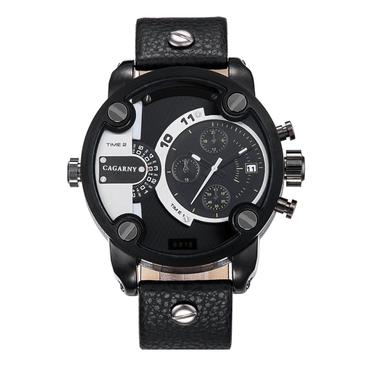 CAGARNY 6818 Fashionable DZ Style Large Dial Dual Clock Quartz Movement Sport Wrist Watch with Leather Band & Calendar Function for Men