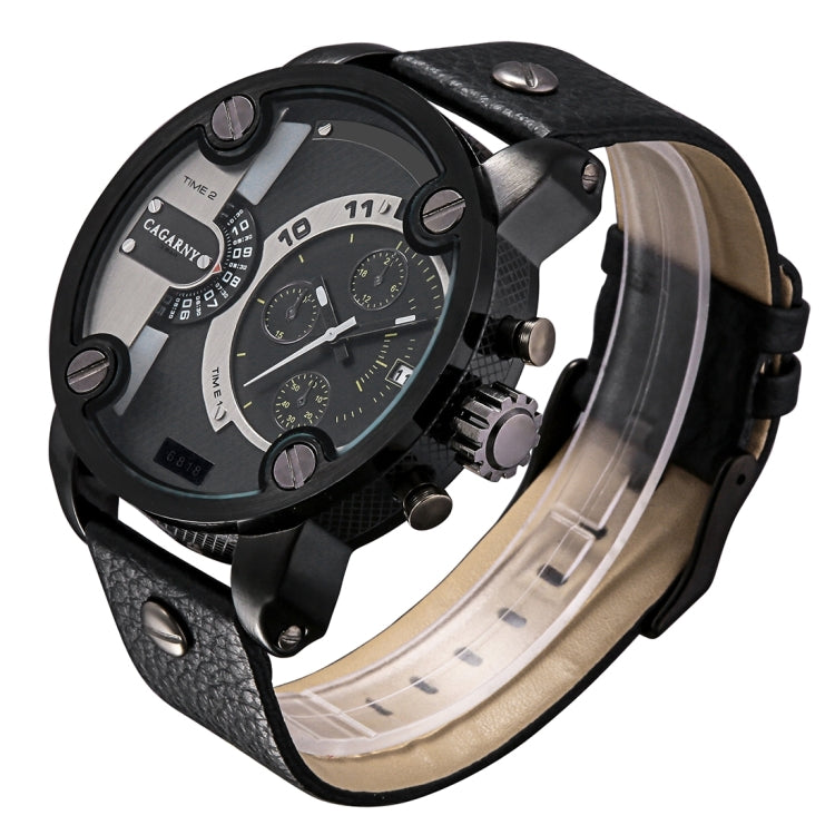 CAGARNY 6818 Fashionable DZ Style Large Dial Dual Clock Quartz Movement Sport Wrist Watch with Leather Band & Calendar Function for Men