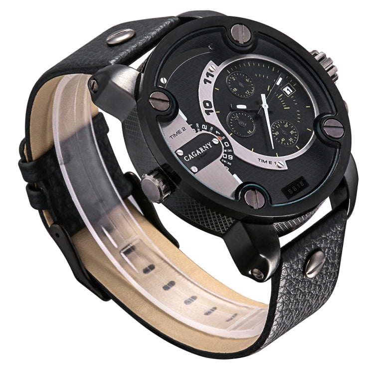 CAGARNY 6818 Fashionable DZ Style Large Dial Dual Clock Quartz Movement Sport Wrist Watch with Leather Band & Calendar Function for Men