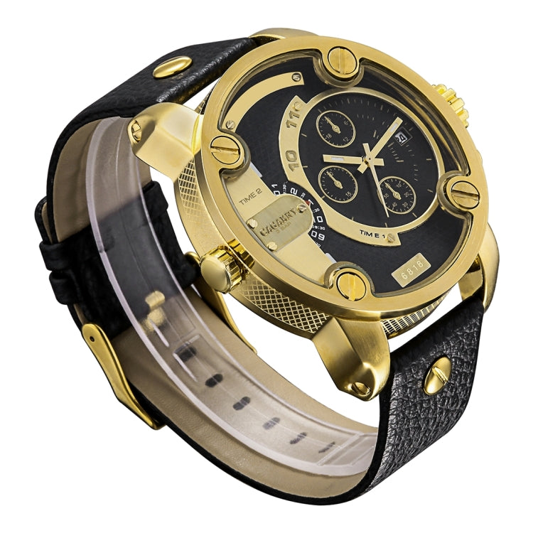CAGARNY 6818 Fashionable DZ Style Large Dial Dual Clock Quartz Movement Sport Wrist Watch with Leather Band & Calendar Function for Men