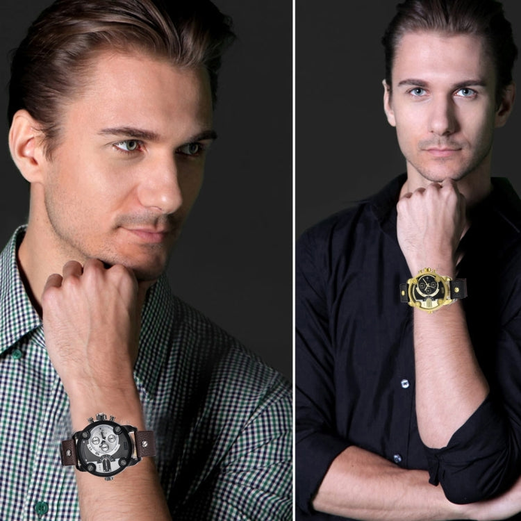 CAGARNY 6818 Fashionable DZ Style Large Dial Dual Clock Quartz Movement Sport Wrist Watch with Leather Band & Calendar Function for Men