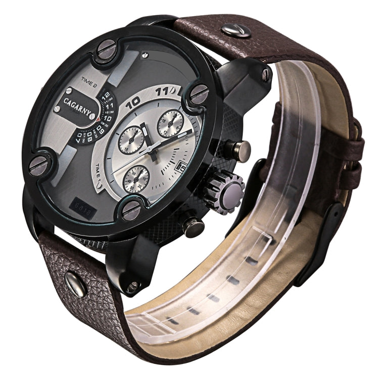 CAGARNY 6818 Fashionable DZ Style Large Dial Dual Clock Quartz Movement Sport Wrist Watch with Leather Band & Calendar Function for Men
