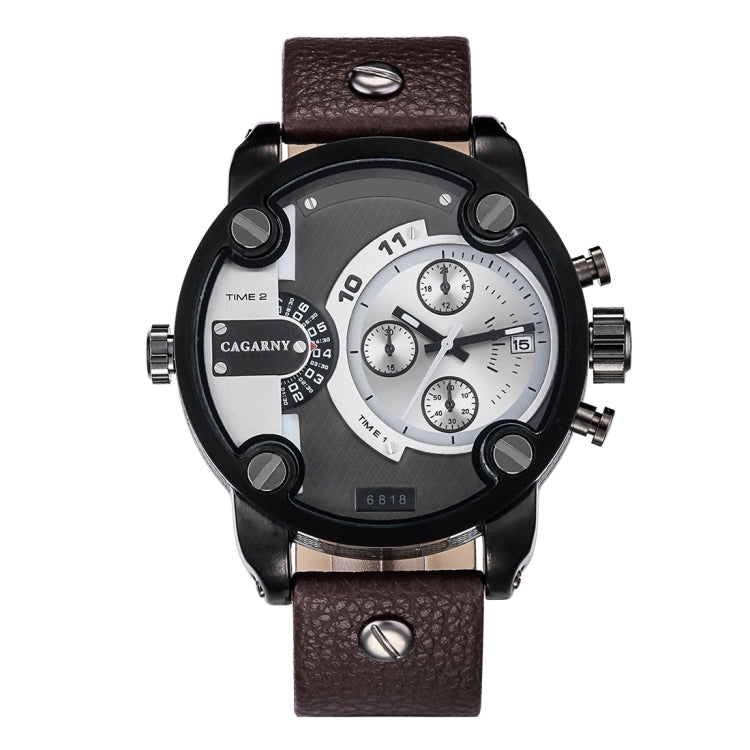 CAGARNY 6818 Fashionable DZ Style Large Dial Dual Clock Quartz Movement Sport Wrist Watch with Leather Band & Calendar Function for Men