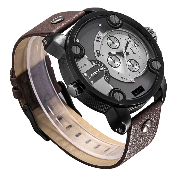 CAGARNY 6818 Fashionable DZ Style Large Dial Dual Clock Quartz Movement Sport Wrist Watch with Leather Band & Calendar Function for Men