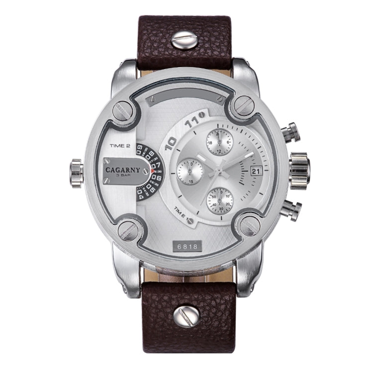 CAGARNY 6818 Fashionable DZ Style Large Dial Dual Clock Quartz Movement Sport Wrist Watch with Leather Band & Calendar Function for Men