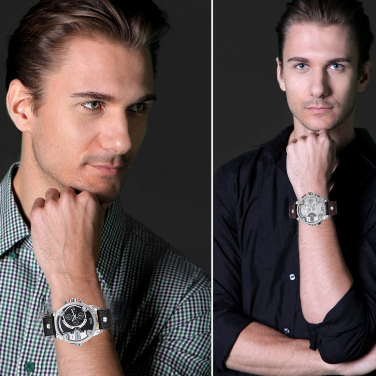 CAGARNY 6818 Fashionable DZ Style Large Dial Dual Clock Quartz Movement Sport Wrist Watch with Leather Band & Calendar Function for Men