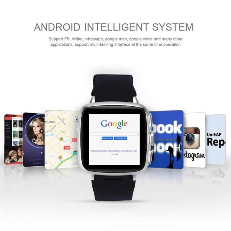 Z01 Smart Watch Phone, 4GB+512MB, Capacitive Touch Screen Android System, MTK6572 Dual Core, 1.2GHz,3G /2G Network, Support Pedometer / Bluetooth V4.0 / WiFi / GPS / FM Radio, with Silicone Strap