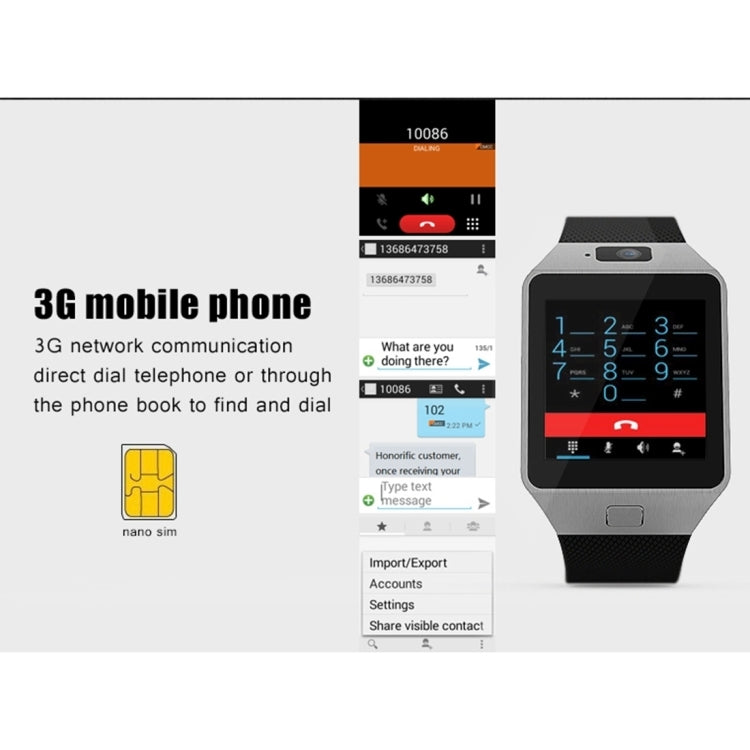 QW09 Smart Watch Phone, 512MB+4GB, 1.54inch LCD Capacitive Touch Screen Android 4.4.2, MTK6572A Dual Core, 1.2GHz,3G /2G Network, Support Pedometer / Bluetooth V4.0 / WiFi / Phone Anti-lost, with Silicone Strap
