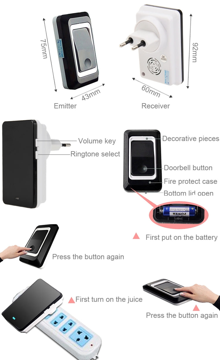SAFUL K108 Waterproof Wireless Smart Doorbell, One Transmitter Dual Receiver, EU Plug