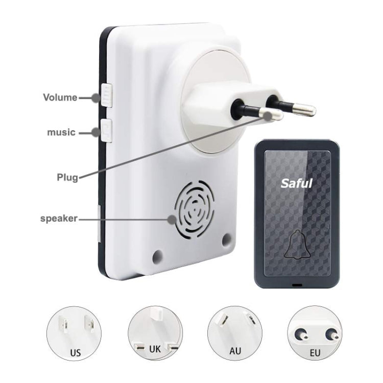 Saful TS-K106 IP68 Waterproof 4-Level Ring Tone Adjustable Wireless Intelligent Self-generating Doorbell with 28 First Ringtones