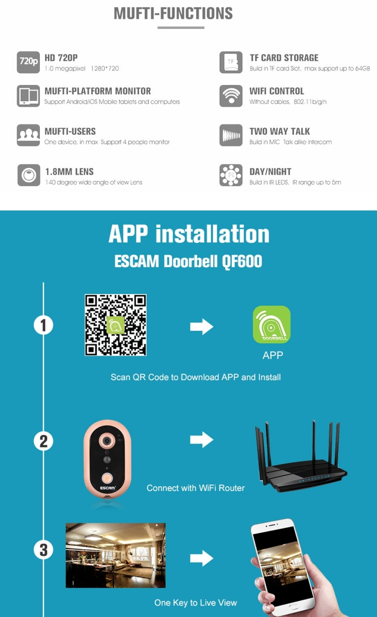 ESCAM QF600 WiFi Smart Doorbell 720P 1.0MP Indoor PIR Alarm Camera, Support Night Vision, IR Distance: 5m