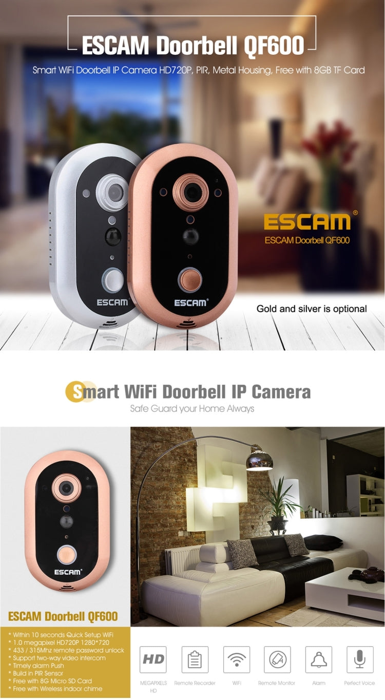 ESCAM QF600 WiFi Smart Doorbell 720P 1.0MP Indoor PIR Alarm Camera, Support Night Vision, IR Distance: 5m