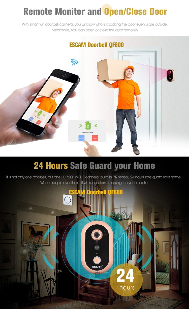 ESCAM QF600 WiFi Smart Doorbell 720P 1.0MP Indoor PIR Alarm Camera, Support Night Vision, IR Distance: 5m