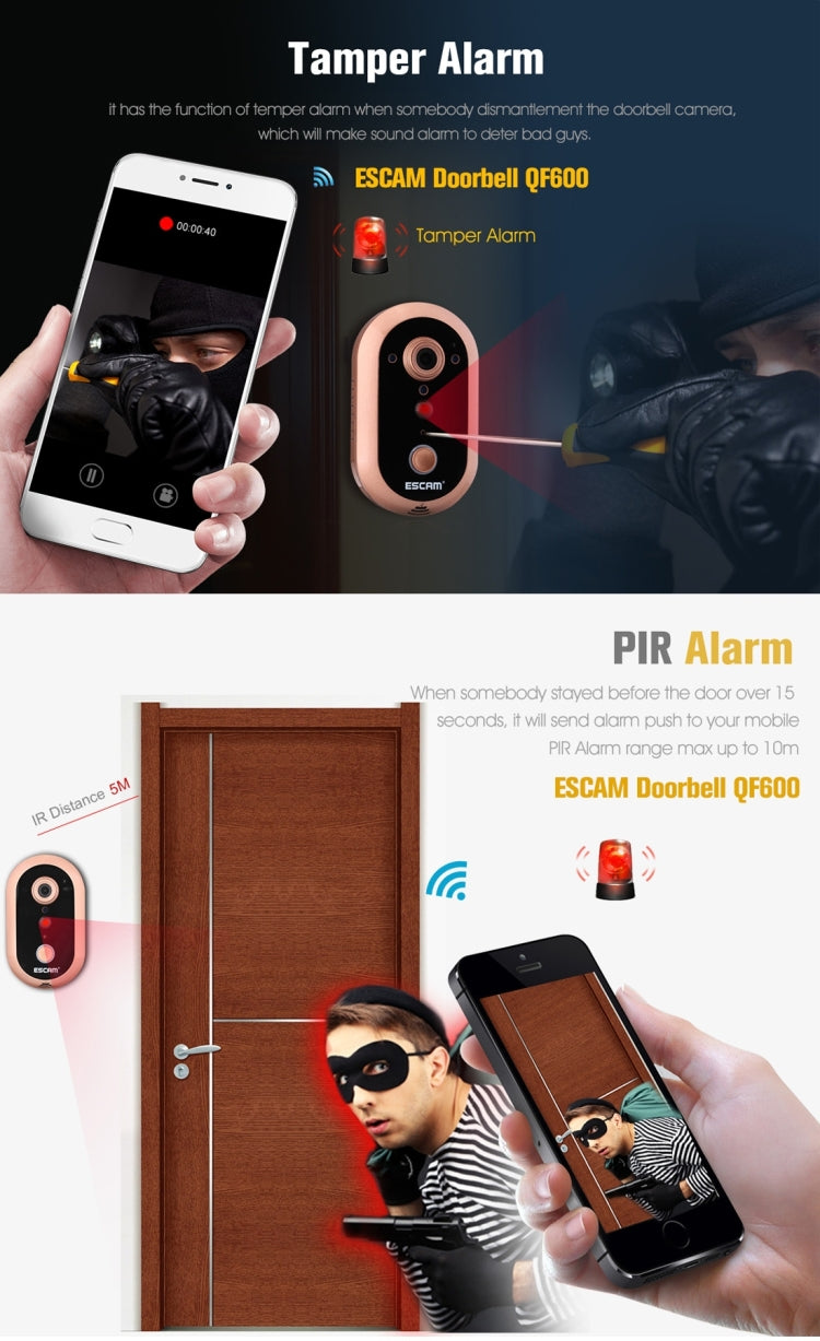 ESCAM QF600 WiFi Smart Doorbell 720P 1.0MP Indoor PIR Alarm Camera, Support Night Vision, IR Distance: 5m