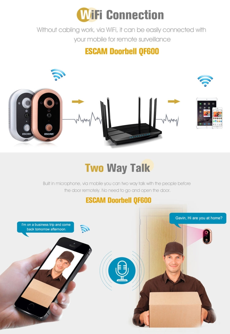 ESCAM QF600 WiFi Smart Doorbell 720P 1.0MP Indoor PIR Alarm Camera, Support Night Vision, IR Distance: 5m