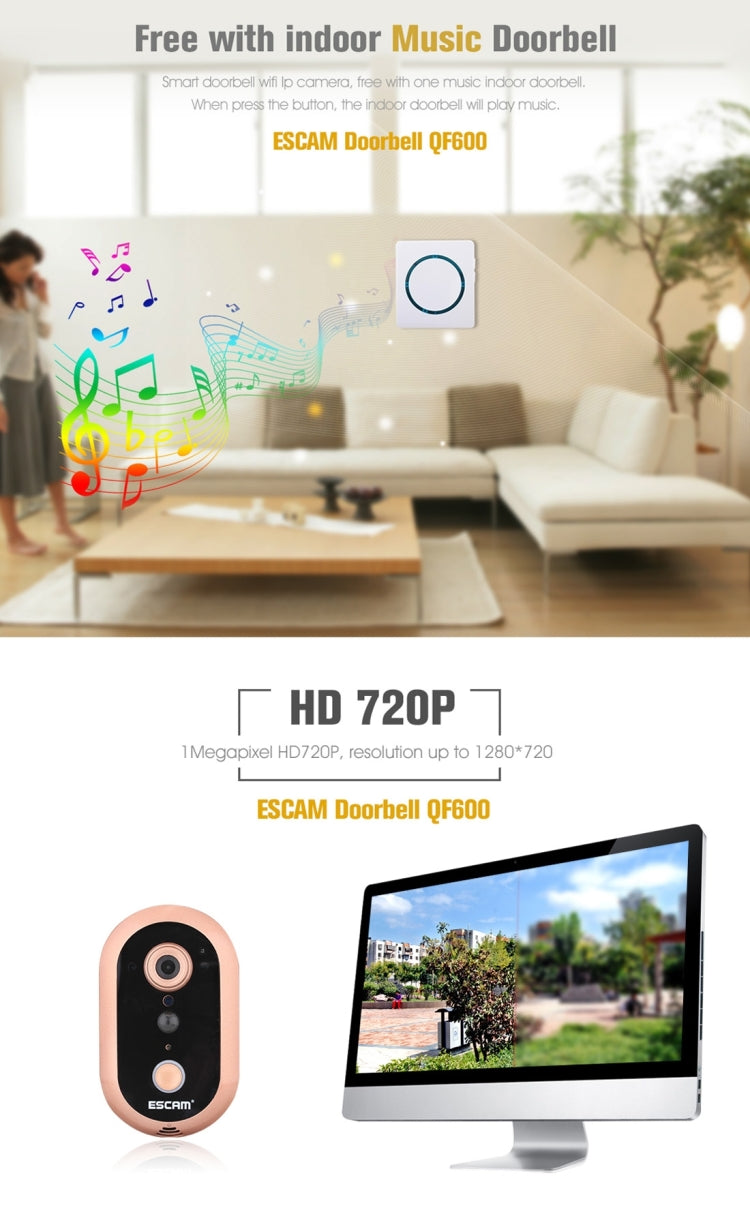 ESCAM QF600 WiFi Smart Doorbell 720P 1.0MP Indoor PIR Alarm Camera, Support Night Vision, IR Distance: 5m