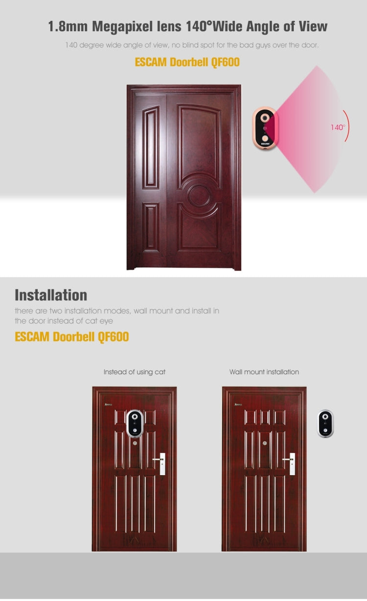 ESCAM QF600 WiFi Smart Doorbell 720P 1.0MP Indoor PIR Alarm Camera, Support Night Vision, IR Distance: 5m