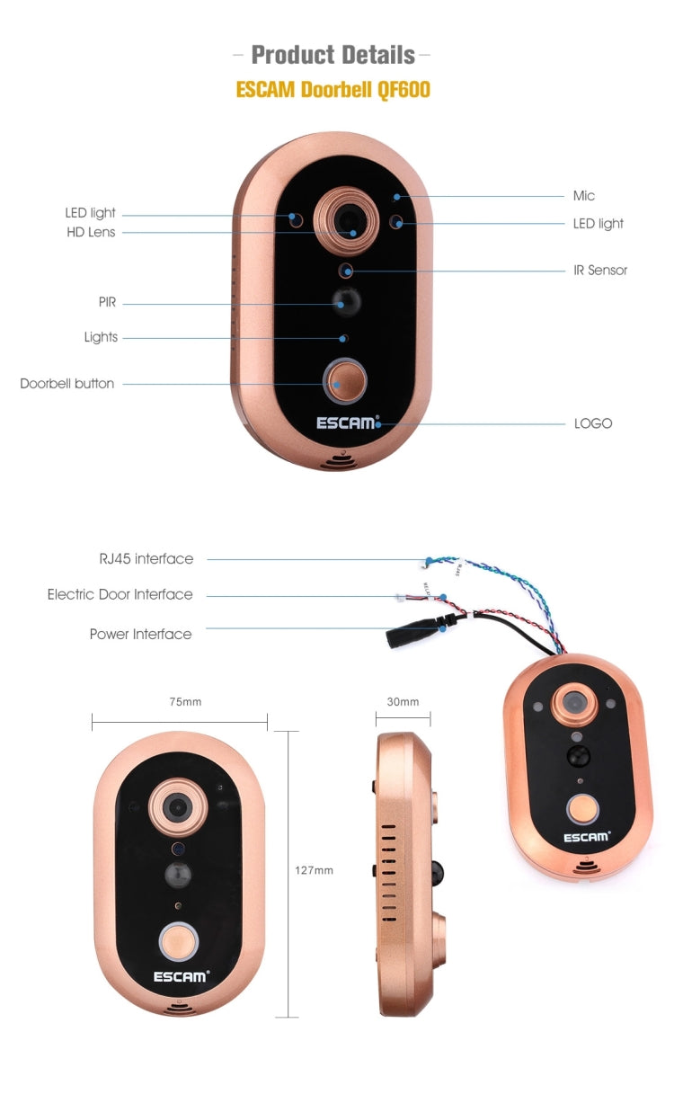 ESCAM QF600 WiFi Smart Doorbell 720P 1.0MP Indoor PIR Alarm Camera, Support Night Vision, IR Distance: 5m