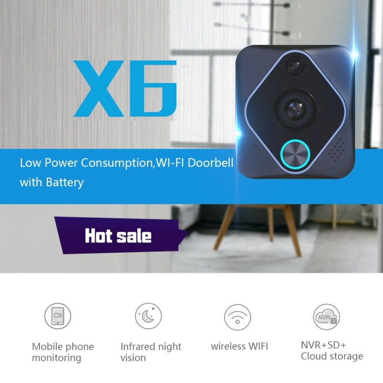 X6 1080P 180 Degree Panoramic WiFi Smart Waterproof Digital Camera Door Viewer, Support Phone Monitoring & Infrared Motion Detection (Black)
