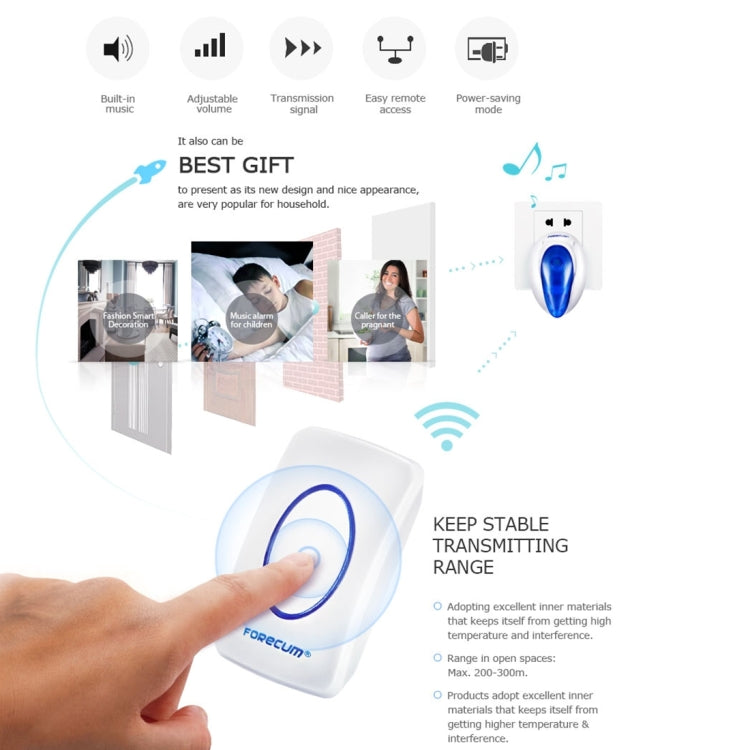 Forecum 7F Wireless Smart Home Doorbell with Dual Receiver, Remote Control Distance: 200m (Open Air), EU Plug