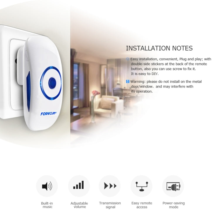 Forecum 8 Wireless Smart Home Doorbell with Single Receiver, Remote Control Distance: 200m (Open Air), EU Plug