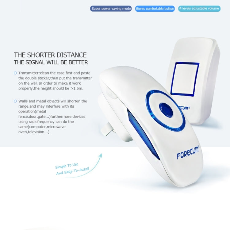 Forecum 8 Wireless Smart Home Doorbell with Single Receiver, Remote Control Distance: 200m (Open Air), EU Plug