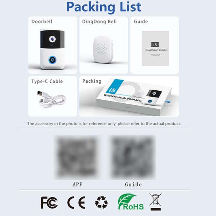 DoorBell i5 Smart Doorbell HD Wireless Bluetooth WiFi Security Camera Visual Doorbells Anti-theft Support Bidirectional Voice Intercom  - White