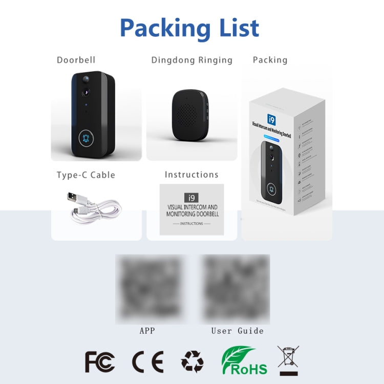 DoorBell i9 Wireless Doorbell Camera, Night vision, Motion Detection, Two-way Intercom  - Black