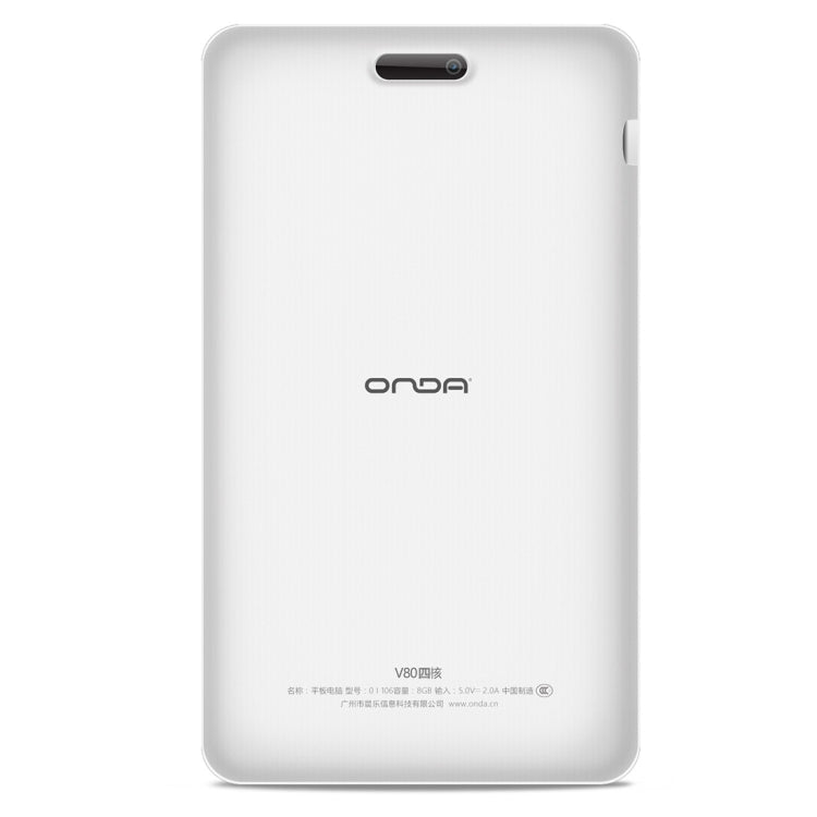 ONDA V80 Tablet, 8.0 inch, 1GB+8GB, CE / FCC / ROHS / WEEE Certificated, Dual Camera, Android Lollipop 5.1 OS, AllWinner A64 Quad-core 1.3GHz, Support 4K Video Decoding, 128GB Micro SD / TF Card, WiFi, Bluetooth, Micrcast Connecting(White)