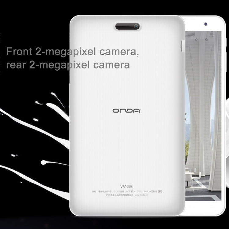 ONDA V80 Tablet, 8.0 inch, 1GB+8GB, CE / FCC / ROHS / WEEE Certificated, Dual Camera, Android Lollipop 5.1 OS, AllWinner A64 Quad-core 1.3GHz, Support 4K Video Decoding, 128GB Micro SD / TF Card, WiFi, Bluetooth, Micrcast Connecting(White)