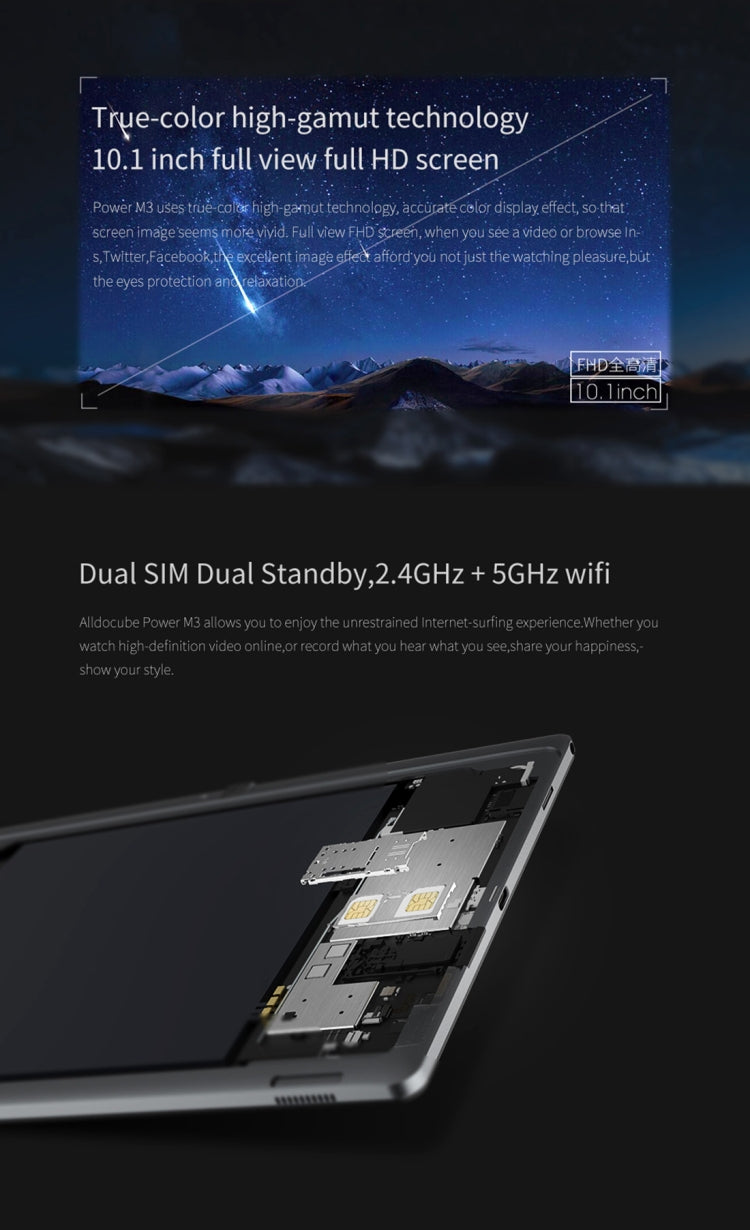 ALLDOCUBE Power M3 4G Call Tablet, 10.1 inch, 2GB+32GB, Android 7.0 MT6753 Octa-core Up to 1.5GHz, Support OTG & GPS & FM & Bluetooth & Dual Band WiFi, US Plug (Black+Gray)