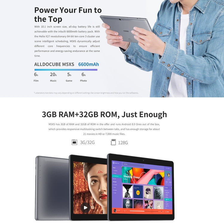 ALLDOCUBE M5XS T1006XS 4G Call Tablet, 10.1 inch, 3GB+32GB, 6600mAh Battery, Android 8.0 MTK X27 (MT6797X), Deca Core Up to 2.3GHz, Support Bluetooth & OTG & GPS & FM & Dual Band WiFi & Dual SIM (Black+Grey)