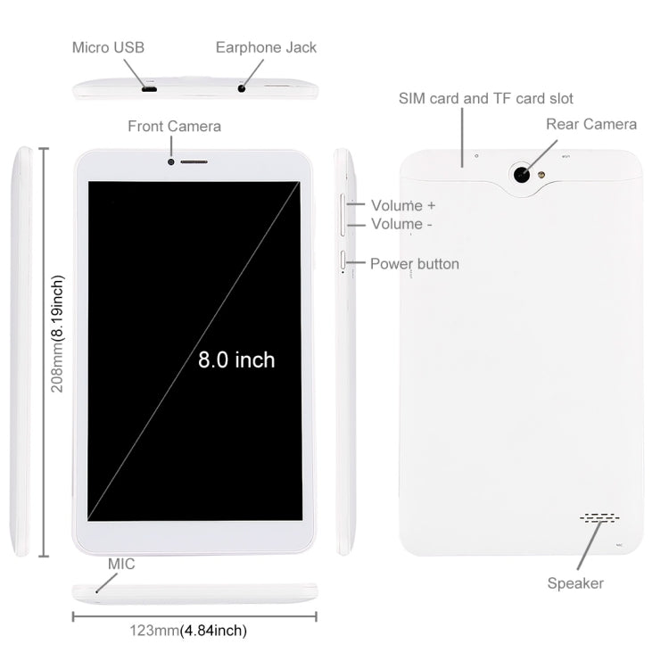 3G Phone Call Tablet PC, 8.0 inch, 1GB+8GB, Android 4.4 SC7731 Quad Core up to 1.3GHz,  OTG, WiFi, GPS, Bluetooth / FM, Dual SIM(White)