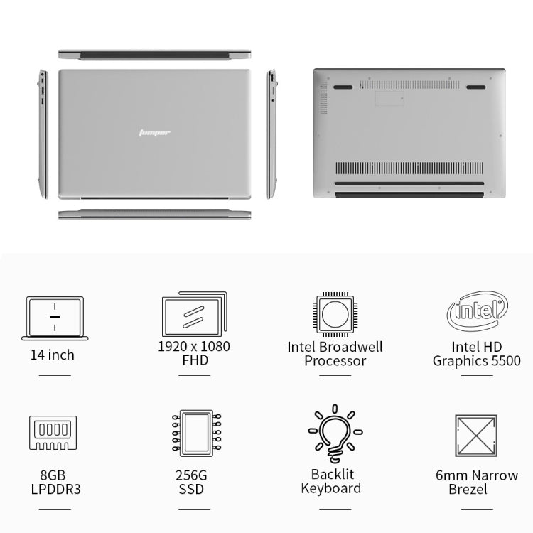 Jumper EZbook X4Pro Laptop, 14.0 inch, 8GB+256GB, Windows 10 Intel BroadWell i3 5005U Dual Core 2.0GHz, Support TF Card & Bluetooth & Dual Band WiFi & Micro HDMI (Twilight Silver)