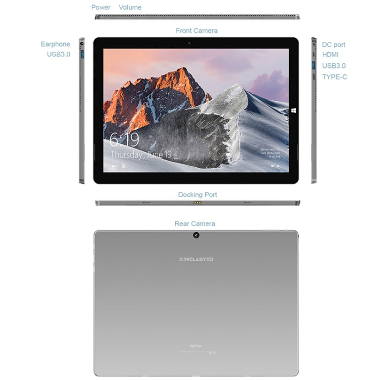 Teclast X6 Pro 2-in-1 Tablet, 12.6 inch, 8GB+256GB, Windows 10 Home, Intel Core M 1.0-2.6GHz, Support OTG & Bluetooth & Dual Band WiFi & HDMI, without Keyboard (Black+Grey)