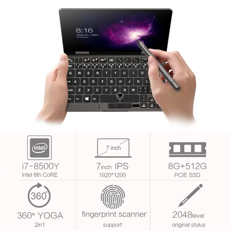 ONE-NETBOOK OneMix 2s Platinum Edition Laptop, 7.0 inch, 8GB+512GB, Windows 10 Home, Intel CoRE i7-8500Y, Support Dual Band WiFi & Bluetooth & Fingerprint Unlock(Grey)