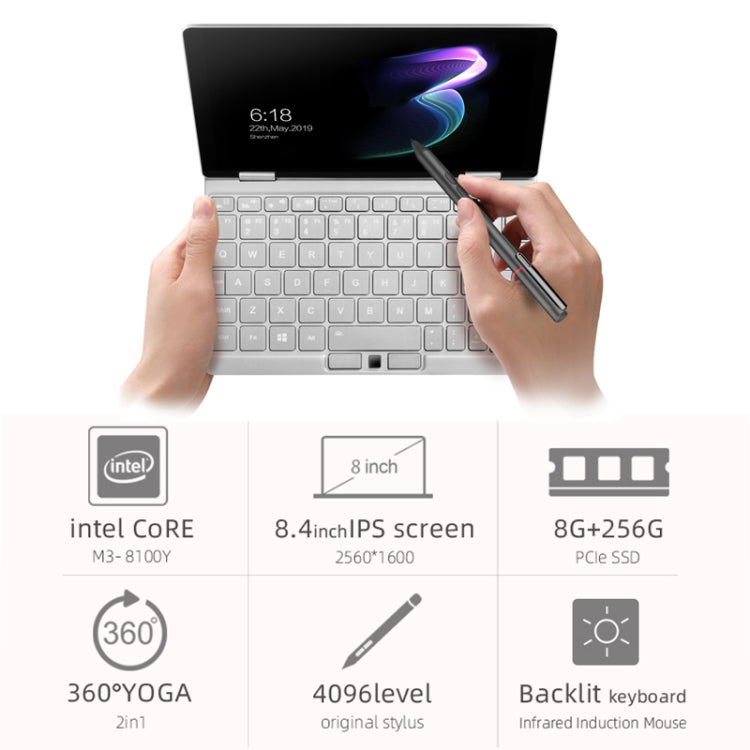ONE-NETBOOK OneMix 3 Laptop, 8.4 inch, 8GB+256GB, Windows 10 Home, Intel CoRE M3-8100Y, Support Dual Band WiFi & Bluetooth & Fingerprint Unlock(Silver)