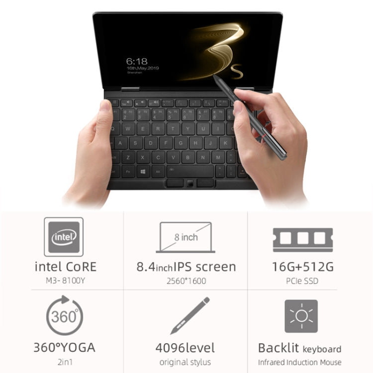 ONE-NETBOOK OneMix 3s Laptop, 8.4 inch, 16GB+512GB, Windows 10 Home, Intel CoRE M3-8100Y, Support Dual Band WiFi & Bluetooth & Fingerprint Unlock(Black)