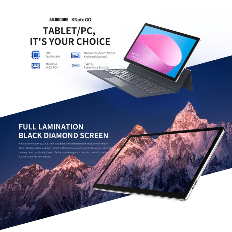 ALLDOCUBE Knote Go 2-in-1 Tablet, 11.6 inch, 4GB+64GB, Windows 10 Intel Apollo Lake N3350 Dual-Core Up to 2.2GHz, Support TF Card & Bluetooth & Dual Band WiFi, with Magnetic Keyboard Leather Case (Black+Gray)