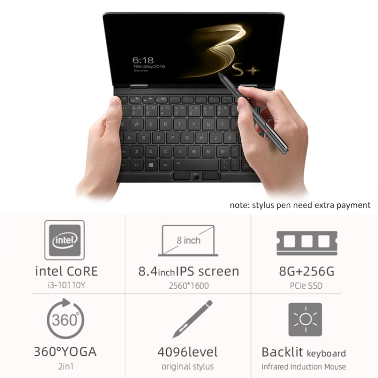 ONE-NETBOOK OneMix 3s+ Laptop, 8.4 inch, 8GB+256GB, Windows 10, Intel CoRE i3-10110Y, Support Dual Band WiFi & Bluetooth & Fingerprint Unlock(Black)
