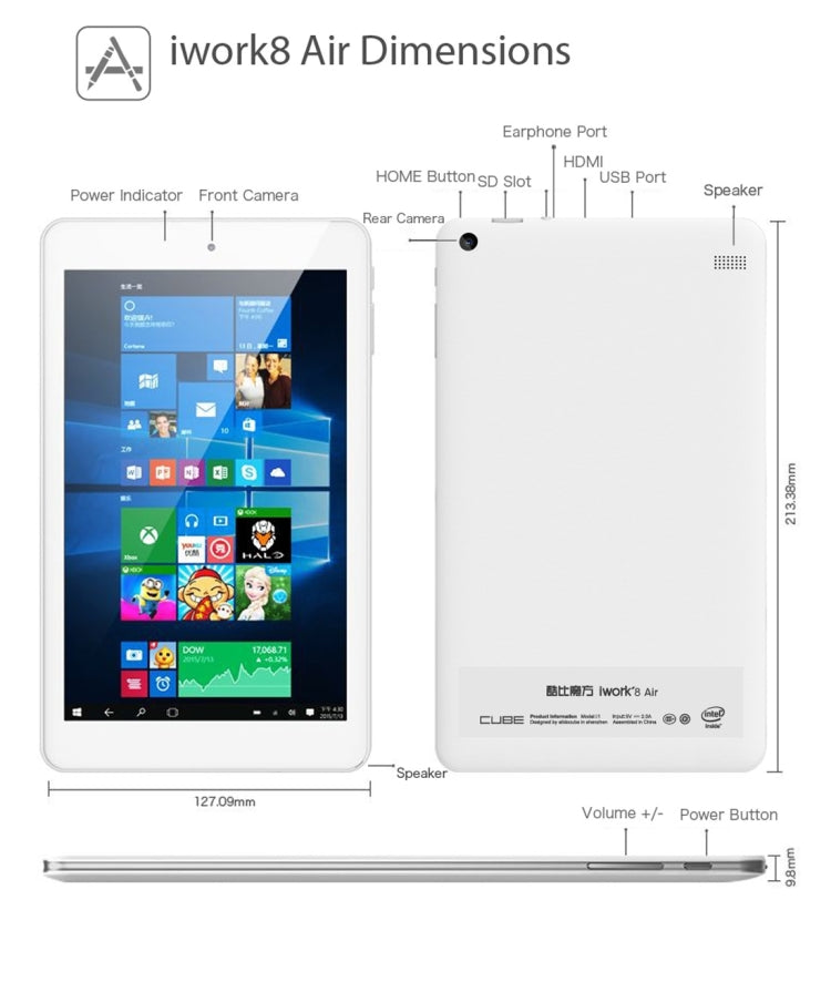 Cube iwork8 Air  Dual OS, 8.0 inch, 2GB+32GB, Windows 10 & Android 5.1 Intel Atom X5-Z8350 Quad Core 1.44GHz-1.8GHz(White)