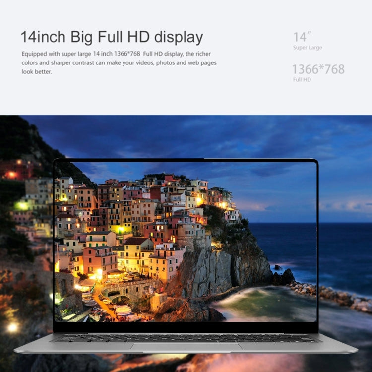 H141-2 Ultrabook, 14.1 inch, 4GB+64GB, Windows 10 Professional Edition Intel N3060 or Intel N3050 or N3350 or Z8350 Quad Core Up to 1.92Ghz, Random CPU Delivery, Support TF Card & Bluetooth & WiFi, US/EU Plug(Silver)