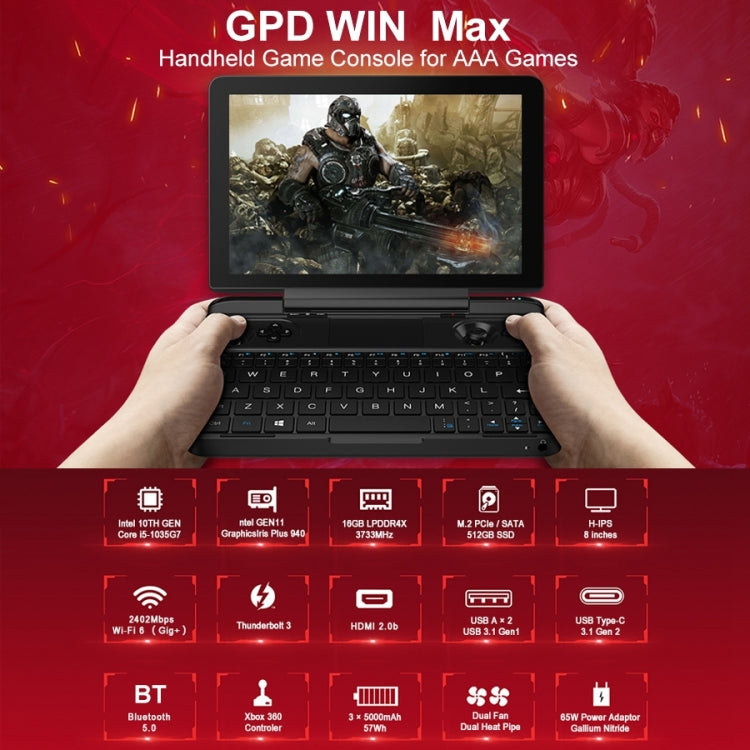 GPD WIN Max Mini Gaming Laptop, 8.0 inch, 16GB+512GB, Windows 10 Intel Core i5-1035G7 Quad Core up to 3.7Ghz, Support WiFi 6 & Bluetooth & HDMI(Black)