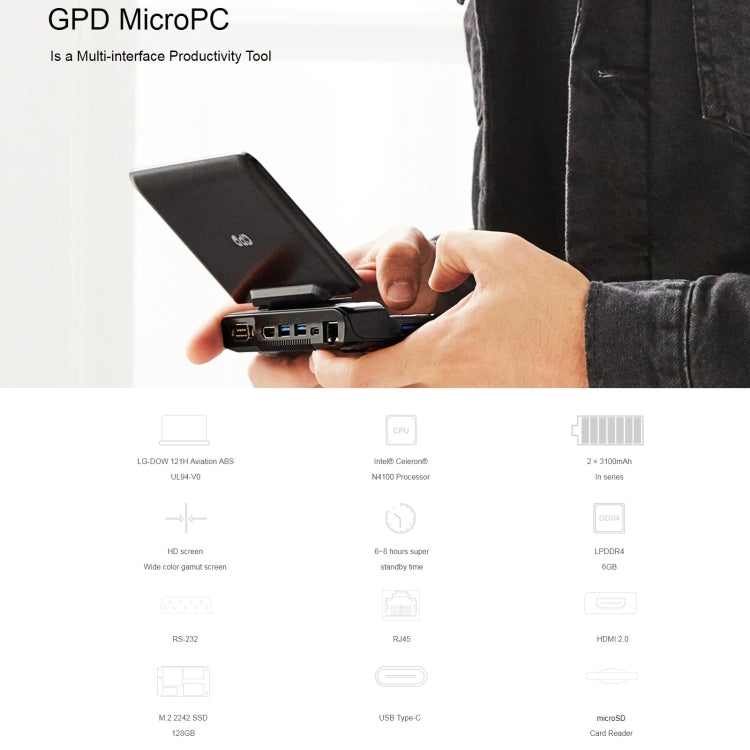 GPD MicroPC Mini Laptop, 6.0 inch, 8GB+256GB, Windows 10 Intel Celeron N4120 Quad Core, Support Dual Band WiFi & Bluetooth & TF Card, US Plug(Black)